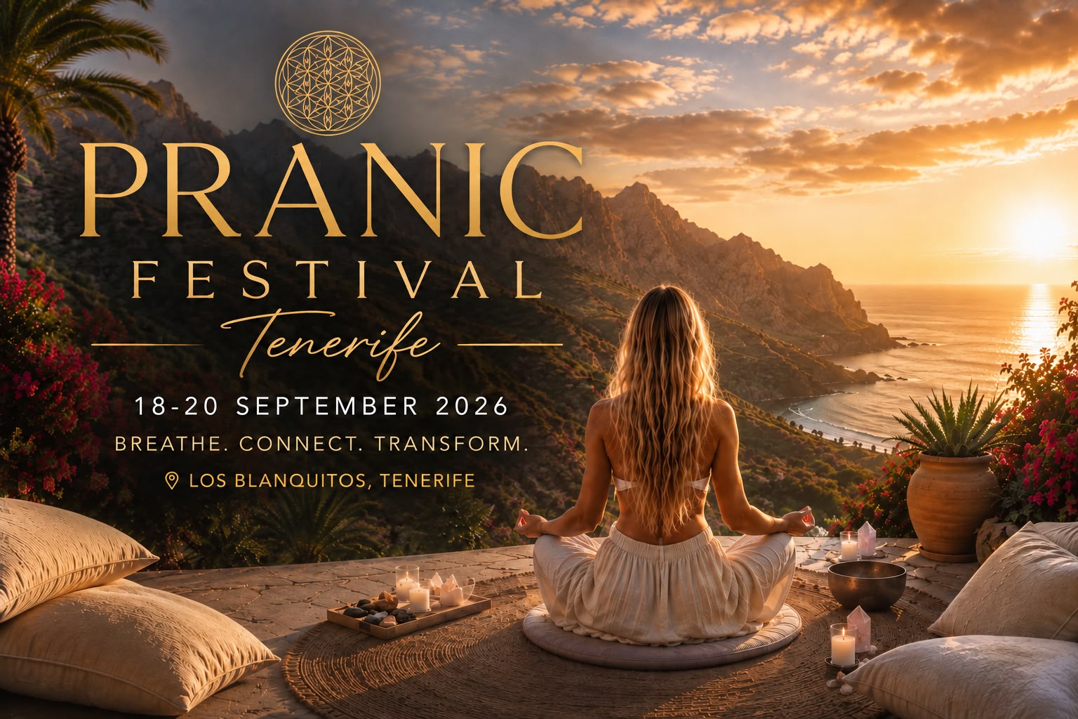 Pranic Festival Tenerife official poster — a woman meditating on a terrace above the ocean at sunset in Tenerife, 18–20 September 2026