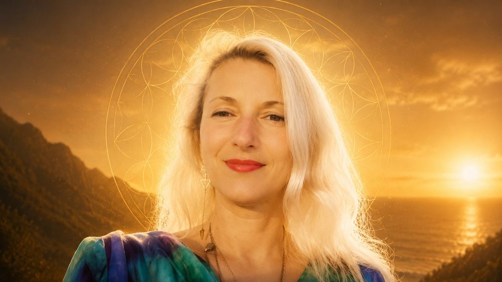 Portrait of Cristiana Eltrayan against a Tenerife sunset with a flower-of-life halo