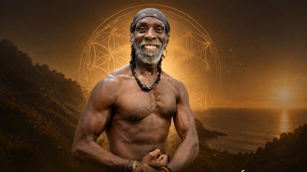 Portrait of Elitom El-Amin against a Tenerife sunset with a flower-of-life halo